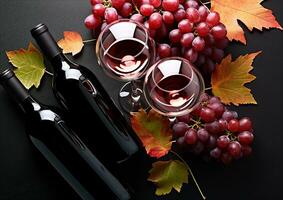 ai generato autunno uva foglia, vino bottiglia, rosso vino generato di ai foto