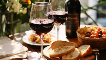 ai generato vino, cibo, bere, all'aperto, bicchiere di vino, tavolo, picnic, pane generato di ai foto