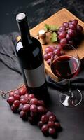 ai generato buongustaio bicchiere di vino su tavolo, uva grappolo, fresco e elegante generato di ai foto