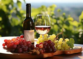 ai generato uva vigneto, vino bottiglia, bicchiere, picnic all'aperto generato di ai foto