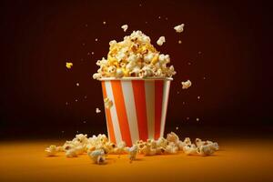 ai generato Visualizza di 3d tazza di cinema Popcorn, un' secchio di Popcorn su un' rosso sfondo . ai generato foto