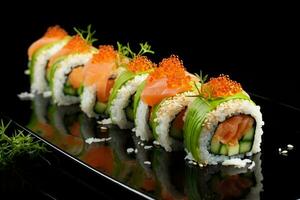 ai generato Sushi rotolo con salmone caviale e cetriolo, artistico ricreazione di Sushi rotoli con salmone e bianca riso con un' puntuale luce, ai generato foto