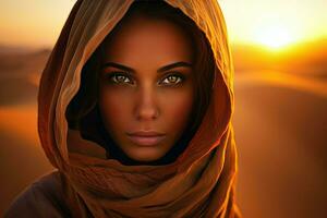 ai generato ritratto di un' giovane musulmano donna nel un' hijab nel il deserto contro il tramonto, arabo donne viso contro il tramonto ai generato foto
