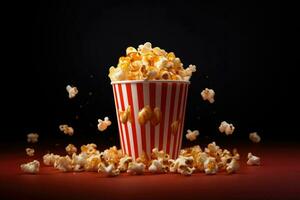 ai generato Visualizza di 3d tazza di cinema Popcorn, un' secchio di Popcorn su un' giallo sfondo . ai generato foto