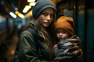 ai generato povero senza casa donna e sua bambino nel sporco autunno Abiti nel un' metropolitana stazione foto