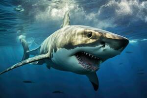 ai generato grande bianca squalo, grande bianca squalo nel blu oceano. subacqueo fotografia ai generato foto