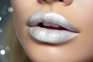 ai generato avvicinamento di donna di labbra con bianca rossetto con luccichio, creativo inverno trucco foto