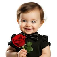 ai generato adorabile sorridente poco bambino ragazza nel un' nero camicia con arco cravatta Tenere un' rosso rosa nel sua mani, isolato su un' bianca sfondo foto