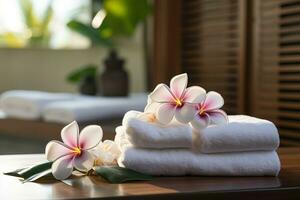 ai generato bianca asciugamani con bianca e rosa fiori su il tovaglia su un' lucido tavolo. terme composizione foto