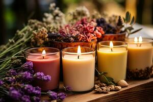 ai generato ardente profumato candele con diverso asciutto fiori su di legno tavolo foto