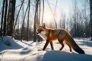 ai generato soffice rosso Volpe passeggiate attraverso il nevoso foresta su un' soleggiato inverno giorno foto