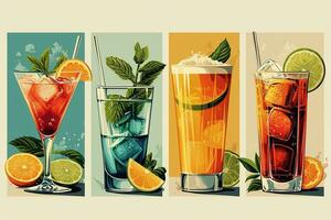 ai generato impostato di illustrazioni di quattro bicchieri con diverso frutta alcool cocktail nel retrò Vintage ▾ manifesto stile foto