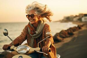 ai generato anziano contento sorridente donna nel occhiali da sole cavalcate un' scooter lungo il riva del mare su un' sfocato natura sfondo foto