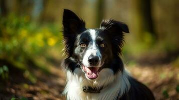 ai generato ritratto di un' carino giocoso nero e bianca confine collie cane nel il primavera foresta foto