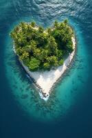 ai generato verticale Immagine di appartato tropicale Paradiso isola nel cuore forma, aereo Visualizza foto