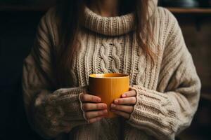 ai generato vicino su di un' donna di mani nel un' a maglia maglione Tenere un' arancia tazza di caffè foto