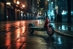 ai generato elettrico scooter su un' città notte strada, elettrico scooter nel il città paesaggio, in piedi su il strada, elettrico scooter nel il città, ai generato foto