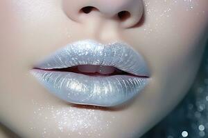 ai generato avvicinamento di donna di labbra con argento rossetto con luccichio, creativo inverno trucco foto