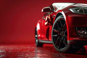 ai generato parte inferiore Visualizza di un' lusso rosso auto con nuovo pneumatici su nero cerchi su un' rosso sfondo foto