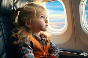 ai generato affascinante poco ragazza con biondo capelli sembra accuratamente su il aereo finestra foto