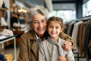 ai generato felicemente sorridente nonna e nipotina abbracciare nel capi di abbigliamento memorizzare foto