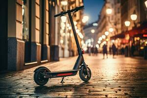 ai generato elettrico scooter su un' città notte strada, elettrico scooter nel il città paesaggio, in piedi su il strada, elettrico scooter nel il città, ai generato foto