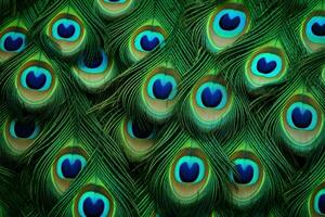 ai generato pavone piuma sfondo, astratto pavone piuma, macro vicino su. vivido esotico uccello piuma struttura , ai generato foto