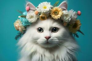 ai generato adorabile soffice bianca gatto con fiori ghirlanda su testa su un' blu sfondo foto