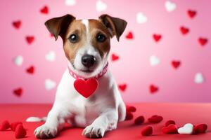 ai generato ritratto di un' cane nel un' rosso arco cravatta su suo collo. cartolina con un' cane per San Valentino giorno. generativo ai foto