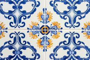 ai generato tradizionale ornato portoghese decorativo piastrelle. colorato Vintage ▾ ceramica piastrelle. mosaico parete con piazza piastrelle. generativo ai foto