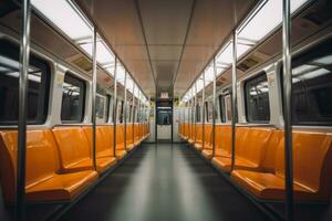 ai generato vuoto metropolitana macchina. interno di il la metropolitana treno con sedili. generativo ai foto