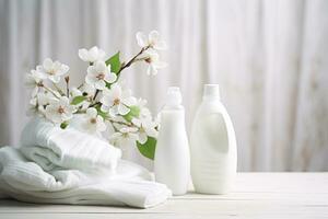 ai generato bottiglia di lavanderia detergente, asciugamani e bellissimo fiori su di legno tavolo. generativo ai foto