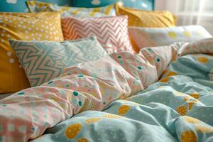 ai generato morbido biancheria da letto impostato con cuscini nel pastello colori. colorato letto biancheria. generativo ai foto