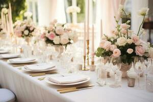 ai generato lusso elegante tavolo ambientazione. tavoli con floreale centrotavola per un' nozze ricezione. generativo ai foto