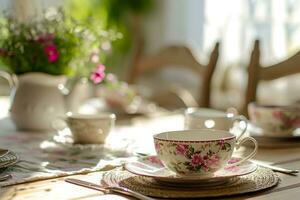 ai generato cenare tavolo impostato con floreale vasellame su soleggiato leggero sfondo. generativo ai foto