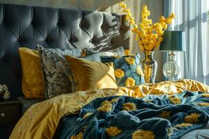 ai generato moderno Camera da letto con elegante biancheria da letto nel giallo e blu colori. camera disposte con lampade e fiori nel vasi. generativo ai foto