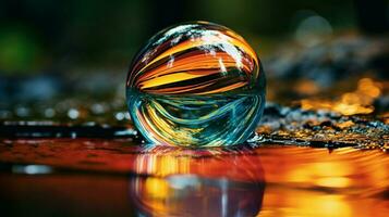 ai generato vivace goccia di pioggia sfera riflette natura bellezza nel astratto foto