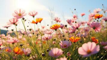 ai generato cosmo fiori fioritura nel il prato. natura sfondo. ai generato. foto