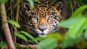 ai generato intenso sguardo di un' giaguaro in mezzo verde fogliame foto