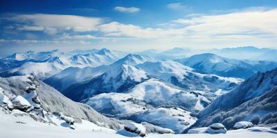 ai generato panoramico Visualizza di nevoso montagna paesaggio. ai generato. foto