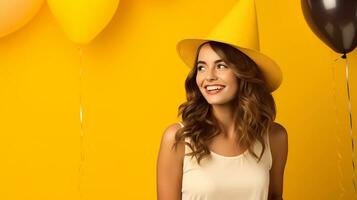 ai generato un' contento bellissimo asiatico donna indossare giallo superiore e cappello. concetto di autoscatto e contento espressione. il concetto di un' compleanno festa foto