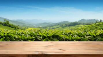 ai generato il vuoto di legno Marrone tavolo superiore con sfocatura sfondo di napa collina paesaggio. esuberante Immagine. ideale per Prodotto posizionamento foto