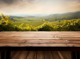 ai generato il vuoto di legno Marrone tavolo superiore con sfocatura sfondo di napa collina paesaggio. esuberante Immagine. ideale per Prodotto posizionamento foto