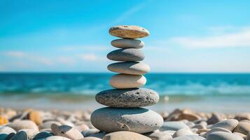 ai generato equilibrio pietre su spiaggia. equilibrio e armonia concetto foto