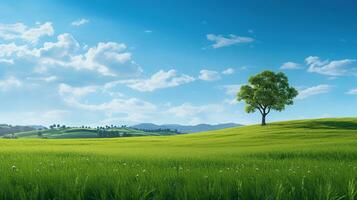 ai generato verde pianeta terra. verde campo, tranquillo, calmo vita, blu cielo, luminosa giorno foto