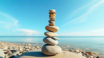 ai generato equilibrio pietre su spiaggia. equilibrio e armonia concetto foto