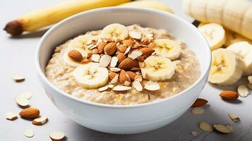 ai generato avena porridge con mandorle arachide burro foto