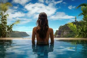 ai generato bellissimo donna è rilassante nel un infinito piscina indietro Visualizza foto