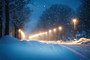 ai generato raggiante nevicata spettacolo festivo città luci a notte foto