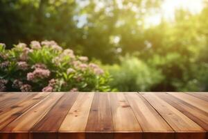 ai generato di legno tavolo su sfocato giardino sfondo. può essere Usato per Schermo il tuo Prodotto foto